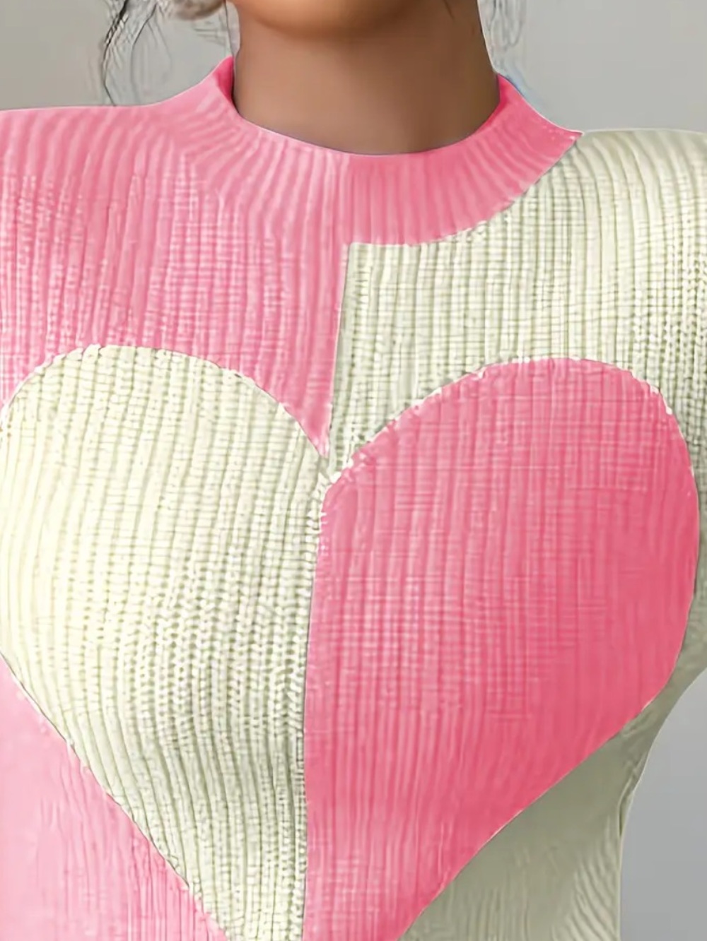 HEART Pink & Cream Color Block Knit Ribbed Crewneck Sweater L NIB - Picture 3 of 6